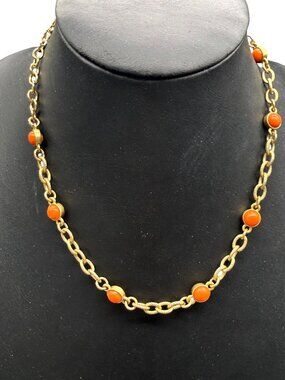 Necklace Chain Link Coral Colored Beads Textured Layering Gold Tone 17.5 Inches